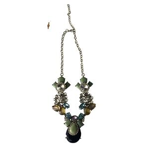 Statement Bib Necklace Green Blue Gold Tone Crystal Cluster Teardrop Adjustable